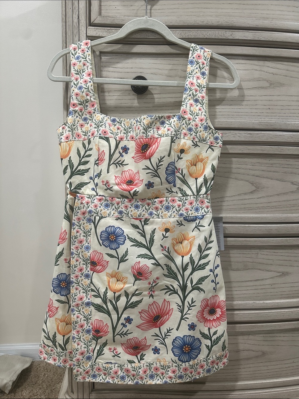 Petal & Pup Cream Mini Dress with Pink, Blue, Yellow & Green Floral Print